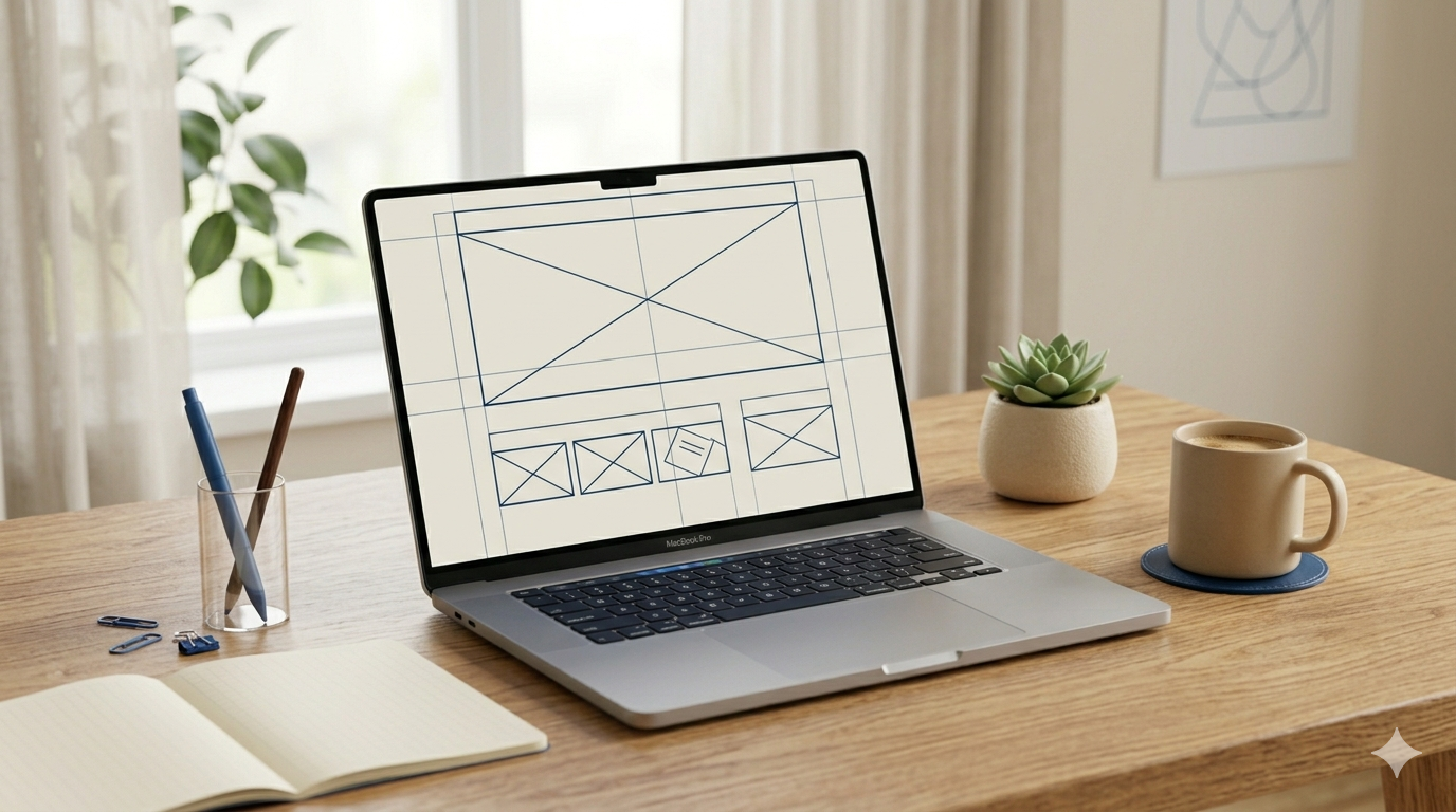 Wireframe-Entwurf einer Website auf einem Laptop