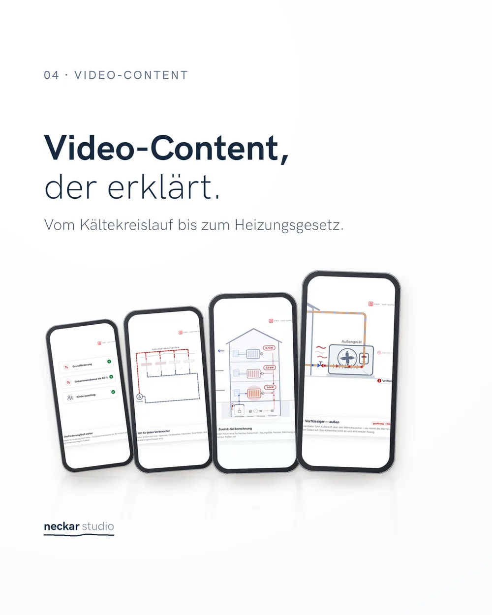 Vier gefächerte Smartphones, jedes mit einem anderen animierten Erklärvideo: Kältekreislauf, hydraulischer Abgleich, Tichelmann-System und Heizungsgesetz