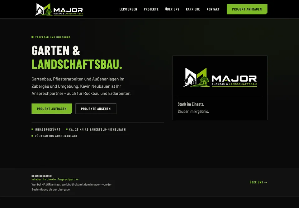 MAJOR am Desktop: Garten- und Landschaftsbau, Kundenlogo, Einsatzgebiet und direkter Button zur Projektanfrage