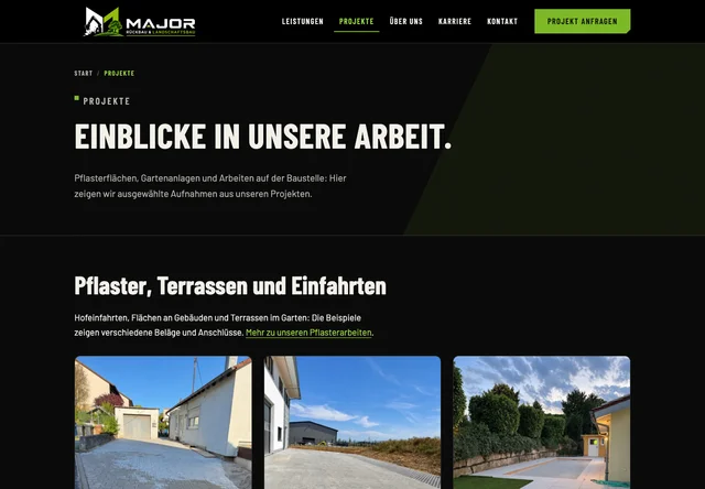 MAJOR-Projektseite mit dem Abschnitt Pflaster, Terrassen und Einfahrten und drei bebilderten Projektkarten