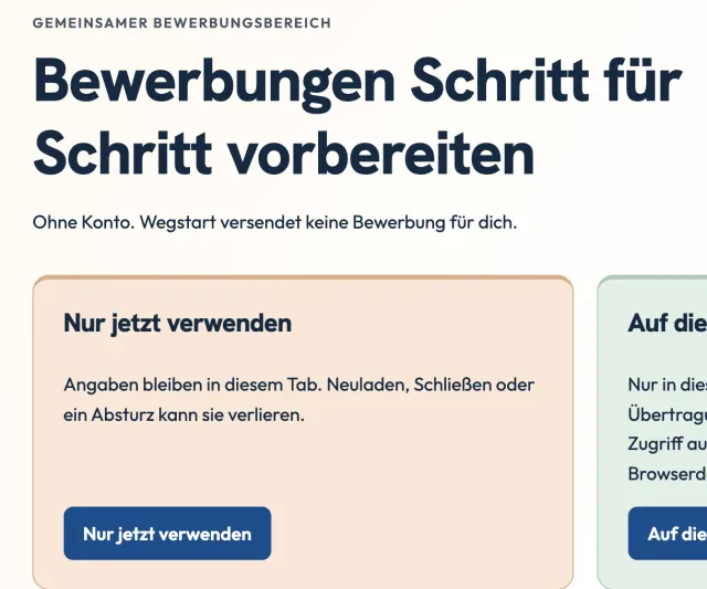 Ausschnitt aus dem Bewerbungsbereich: Überschrift „Bewerbungen Schritt für Schritt vorbereiten“, die Option „Nur jetzt verwenden“ mit Button und am rechten Rand der Anfang der zweiten Option