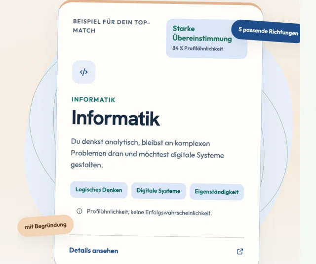 Ausschnitt aus dem Studienberater: Beispielkarte für Informatik mit „Starke Übereinstimmung, 84 % Profilähnlichkeit“ und drei passenden Merkmalen